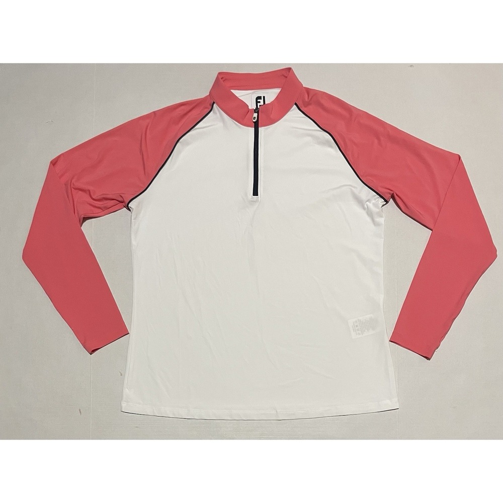 FJ FootJoy Womens 1/4 Zip Golf Pullover Size Large White Pink Nylon Stretch